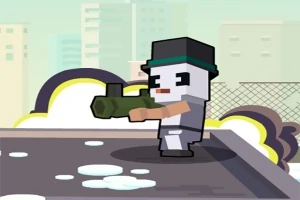 建物の屋上で黒い帽子をかぶったキャラクターが、大きな銃を構えているイラスト。