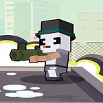 建物の屋上で黒い帽子をかぶったキャラクターが、大きな銃を構えているイラスト。