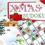 雪景色の中にクリスマス装飾が施された数独パズルと雪だるまが描かれたイラスト。