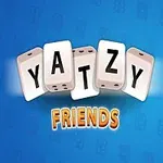 青い背景に「YATZY FRIENDS」と書かれたテキストと笑顔のサイコロのイラスト。