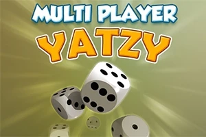 白い背景にサイコロが浮かび、上部に「MULTI PLAYER YATZY」と書かれた文字がある。