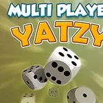 白い背景にサイコロが浮かび、上部に「MULTI PLAYER YATZY」と書かれた文字がある。