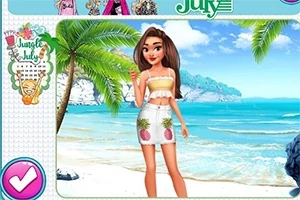 ビーチの背景に立つ女性キャラクターが、パイナップル柄のスカートと黄色のトップを着ている。