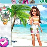 ビーチの背景に立つ女性キャラクターが、パイナップル柄のスカートと黄色のトップを着ている。