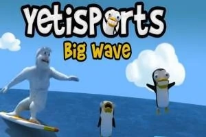 サーフボードに乗った白い雪男と空に跳ぶ2匹のペンギンが海の上に描かれている。