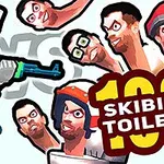 ロボットのキャラクターが武器を持ち、人間の頭がトイレから出てくるイラスト。