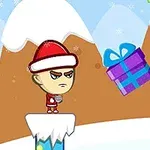サンタの帽子をかぶったキャラクターが雪の上に立ち、背景にカラフルなプレゼントが浮かんでいるイラスト。
