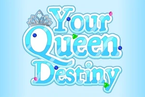水色の背景に、クラウンのイラストとカラフルな宝石が装飾された英語の文字「Your Queen Destiny」。
