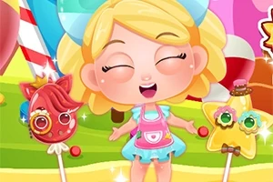 金髪のキャラクターがカラフルな背景の中で笑顔で立っており、両手に赤い棒付きのかわいい飴を持っている。