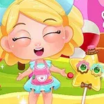 金髪のキャラクターがカラフルな背景の中で笑顔で立っており、両手に赤い棒付きのかわいい飴を持っている。