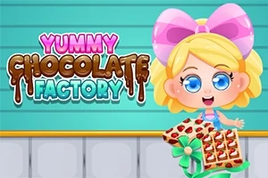 金髪の女の子がチョコレートの箱を持っているイラストで、背景に「Yummy Chocolate Factory」という文字がある。