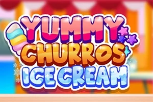 「YUMMY CHURROS ICE CREAM」というカラフルな文字とイラストが描かれたポスター。