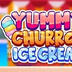 「YUMMY CHURROS ICE CREAM」というカラフルな文字とイラストが描かれたポスター。
