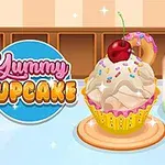 カラフルなカップケーキとチェリー、虹色の飲み物が並んでいるイラスト。