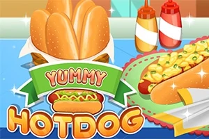 テーブルの上に並んだホットドッグと調味料の瓶、色鮮やかな「YUMMY HOTDOG」の文字。