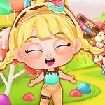 金髪の女の子がキャンディーやポップコーンがあるカラフルな背景で笑顔を浮かべている。