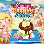 カラフルなお菓子の世界でリボンをつけた少女がチョコレートとフルーツで飾られたパンケーキの隣に立っている。