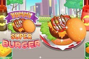 おいしそうなハンバーガーがカラフルな背景と共に描かれているイラスト。