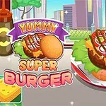 おいしそうなハンバーガーがカラフルな背景と共に描かれているイラスト。