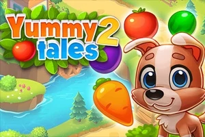 かわいい犬のキャラクターと野菜、果物が描かれたカラフルなイラスト。