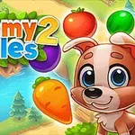 かわいい犬のキャラクターと野菜、果物が描かれたカラフルなイラスト。