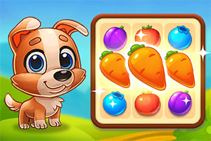 かわいい犬とカラフルな野菜と果物が並んだパズルボード。