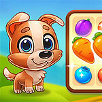 かわいい犬とカラフルな野菜と果物が並んだパズルボード。