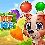 茶色の犬の横に「Yummy Tales」の文字があり、背景には果物や野菜が浮かんでいる明るい風景。