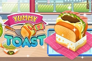 色とりどりの具材が入ったトーストサンドイッチのイラストと「Yummy Toast」のロゴ。
