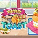 色とりどりの具材が入ったトーストサンドイッチのイラストと「Yummy Toast」のロゴ。