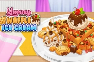 ワッフルとアイスクリームが乗った皿に、チョコレートソースやクリーム、チェリーが添えられている。