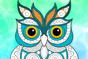 カラフルな幾何学模様のフクロウを描いたイラスト。