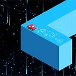 青い立方体の道を走る赤い車と、背景に星が描かれているデジタルイラスト。