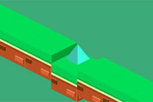 緑色の地形と茶色のブロック、中央に青色の三角形の窪みがあるイラスト。