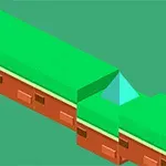 緑色の地形と茶色のブロック、中央に青色の三角形の窪みがあるイラスト。