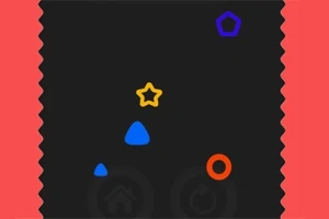 黒い背景にカラフルな図形（黄色の星、青い三角形、オレンジの円、青の五角形）が浮かんでいるイメージ。