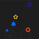 黒い背景にカラフルな図形（黄色の星、青い三角形、オレンジの円、青の五角形）が浮かんでいるイメージ。
