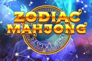 黄道帯の円盤を背景にした「ZODIAC MAHJONG」の文字が浮かぶ青と紫の星空。
