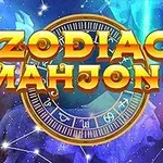 黄道帯の円盤を背景にした「ZODIAC MAHJONG」の文字が浮かぶ青と紫の星空。