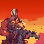 赤い空を背景に、大きな銃を持ったマスクをかぶった筋肉質の人物。