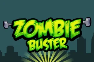緑色のグロー効果がある「ZOMBIE BUSTER」の文字が、夜の街並みを背景に描かれています。