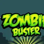 緑色のグロー効果がある「ZOMBIE BUSTER」の文字が、夜の街並みを背景に描かれています。