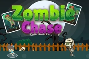 色とりどりの文字で「Zombie Chase」と書かれた夜のシーンで、フェンスの前に大きな満月、アニメ風のゾンビと人のキャラクターが描かれている。