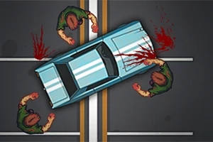 青い車が交差点で3人のゾンビを跳ね飛ばしているイラスト。
