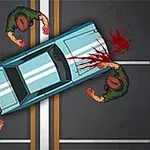 青い車が交差点で3人のゾンビを跳ね飛ばしているイラスト。