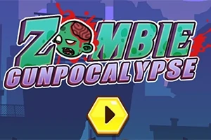 黄色い再生ボタンの上に、ゾンビのキャラクターとカラーで描かれた「ZOMBIE GUNPOCALYPSE」の文字があるイラスト。