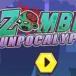 黄色い再生ボタンの上に、ゾンビのキャラクターとカラーで描かれた「ZOMBIE GUNPOCALYPSE」の文字があるイラスト。