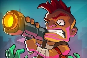 赤いモヒカンのキャラクターが大きな銃を構えているイラスト。