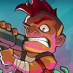 赤いモヒカンのキャラクターが大きな銃を構えているイラスト。