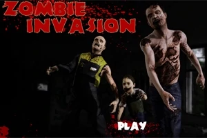 暗い背景にゾンビが3体いて、大きな赤い文字で「ZOMBIE INVASION」と書かれている画像。